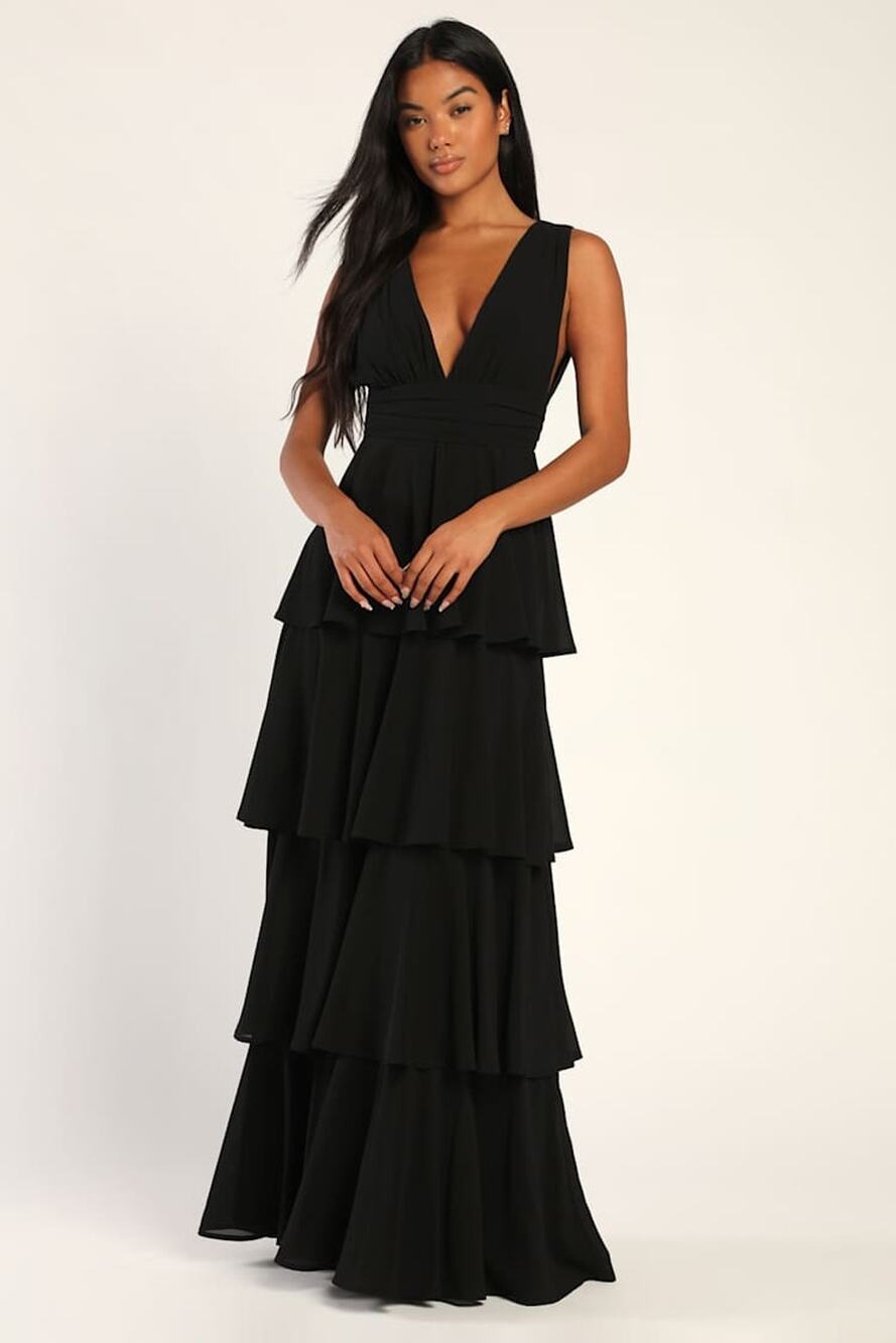 Lulus Amazing Evening Black Tiered Maxi Dress Chiffon Formal Evening Medium NWT - Picture 1 of 11